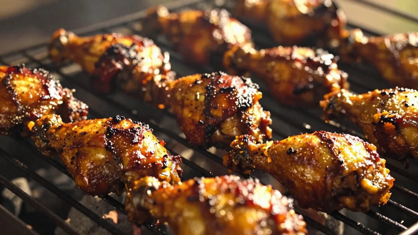 Close-up of sizzling jerk chicken glistening on a charcoal grill,