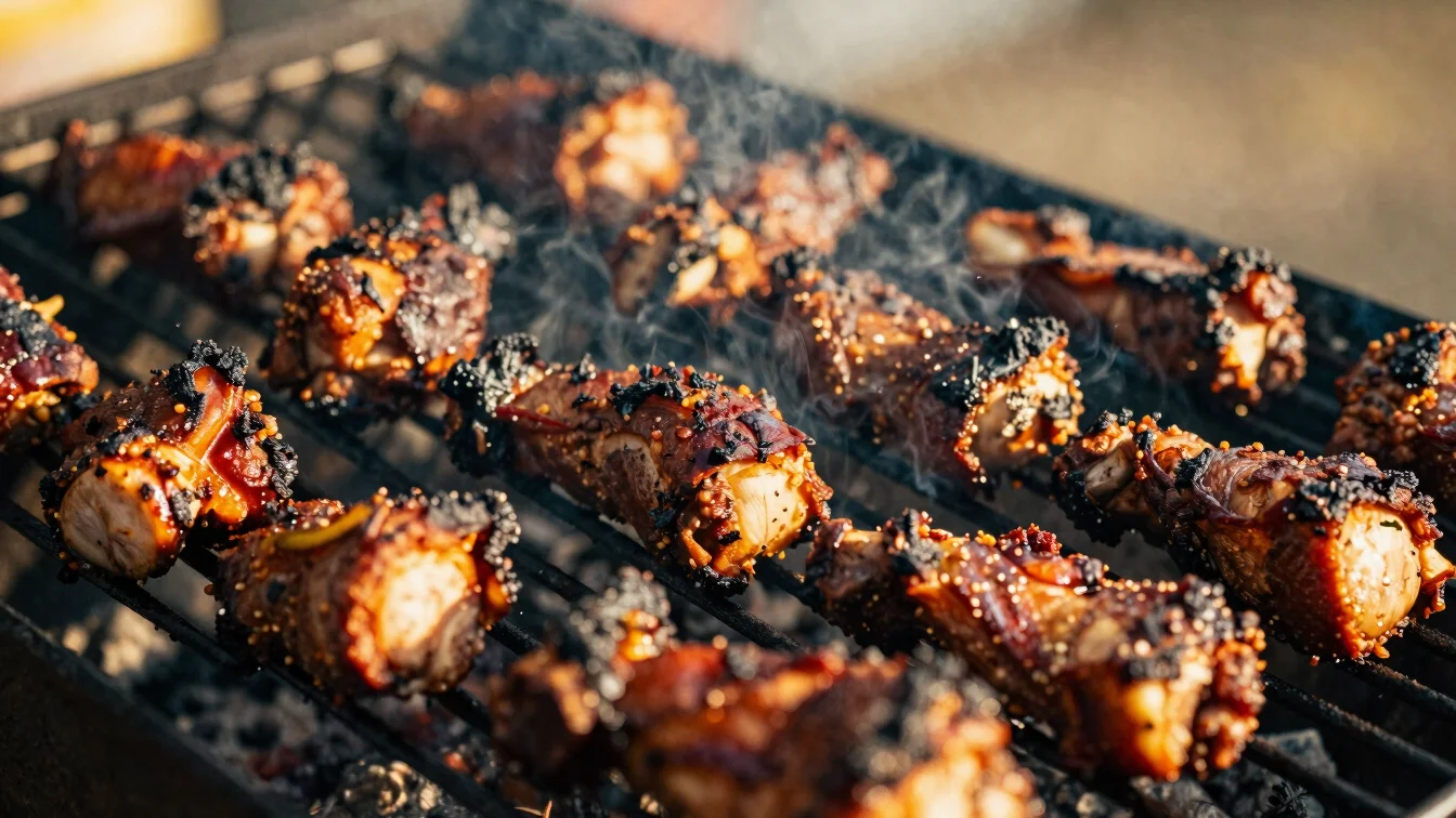 Close-up of charred jerk pork on a grill, warm smoke-filtered lig