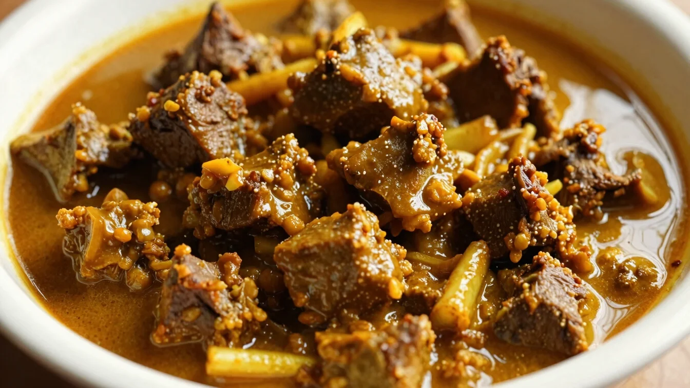 Close-up of a bowl of rich curry goat, vibrant food photography,