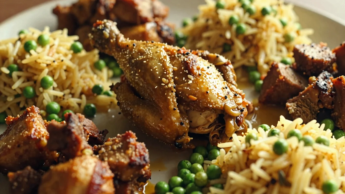 Platter with jerk chicken and pork, rice and peas, vibrant food p
