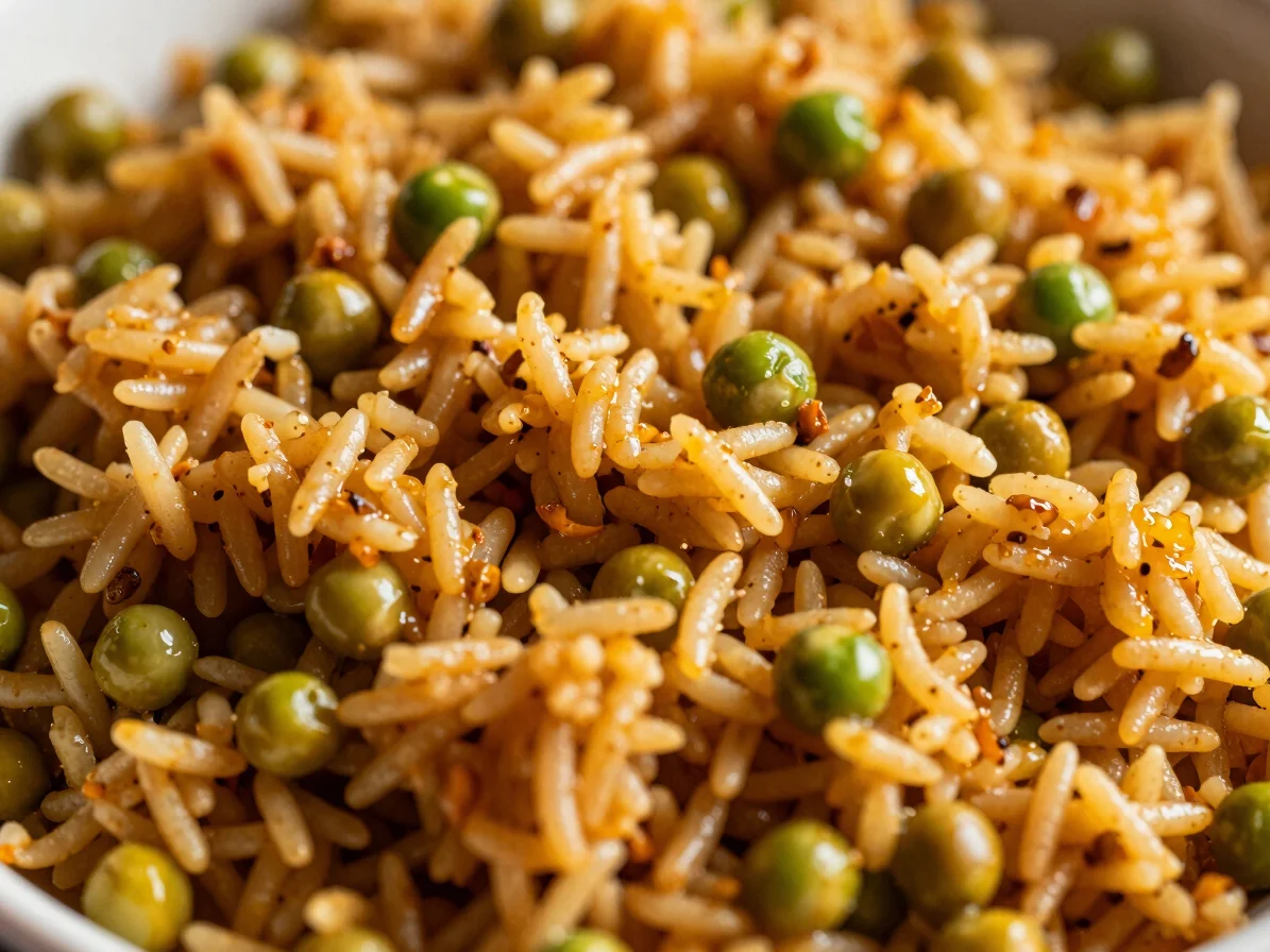 Close-up of a bowl of fluffy rice and peas, vibrant food photogra