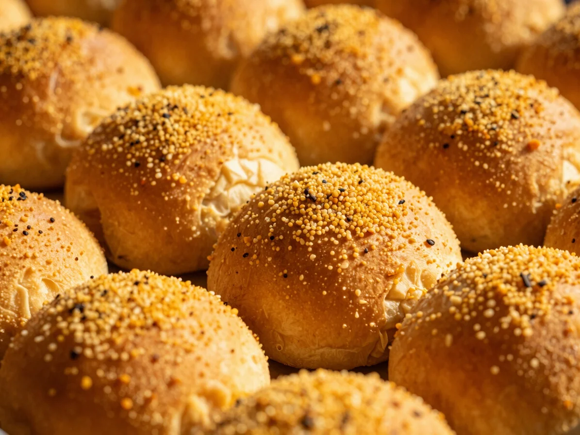 Close-up of golden festival bread, vibrant food photography, warm