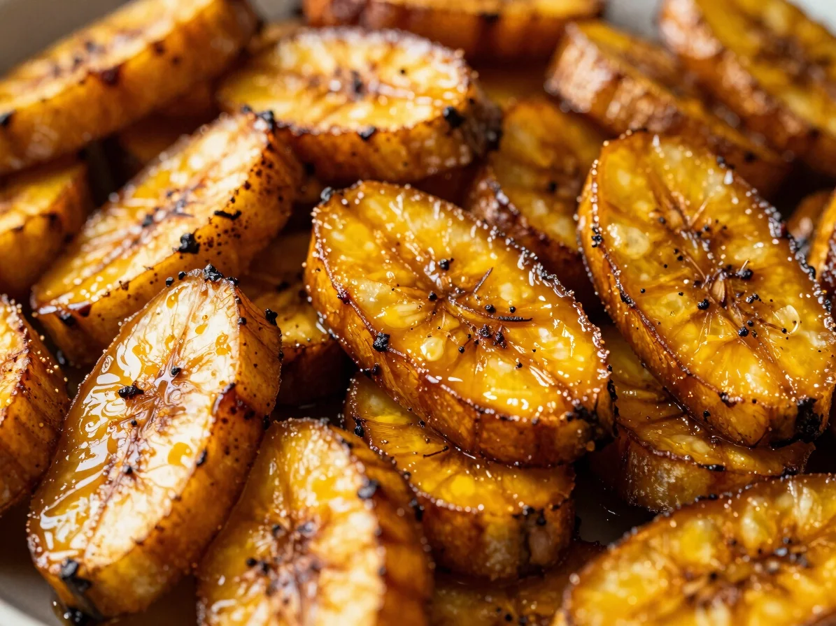 Close-up of caramelized sweet plantains, vibrant food photography