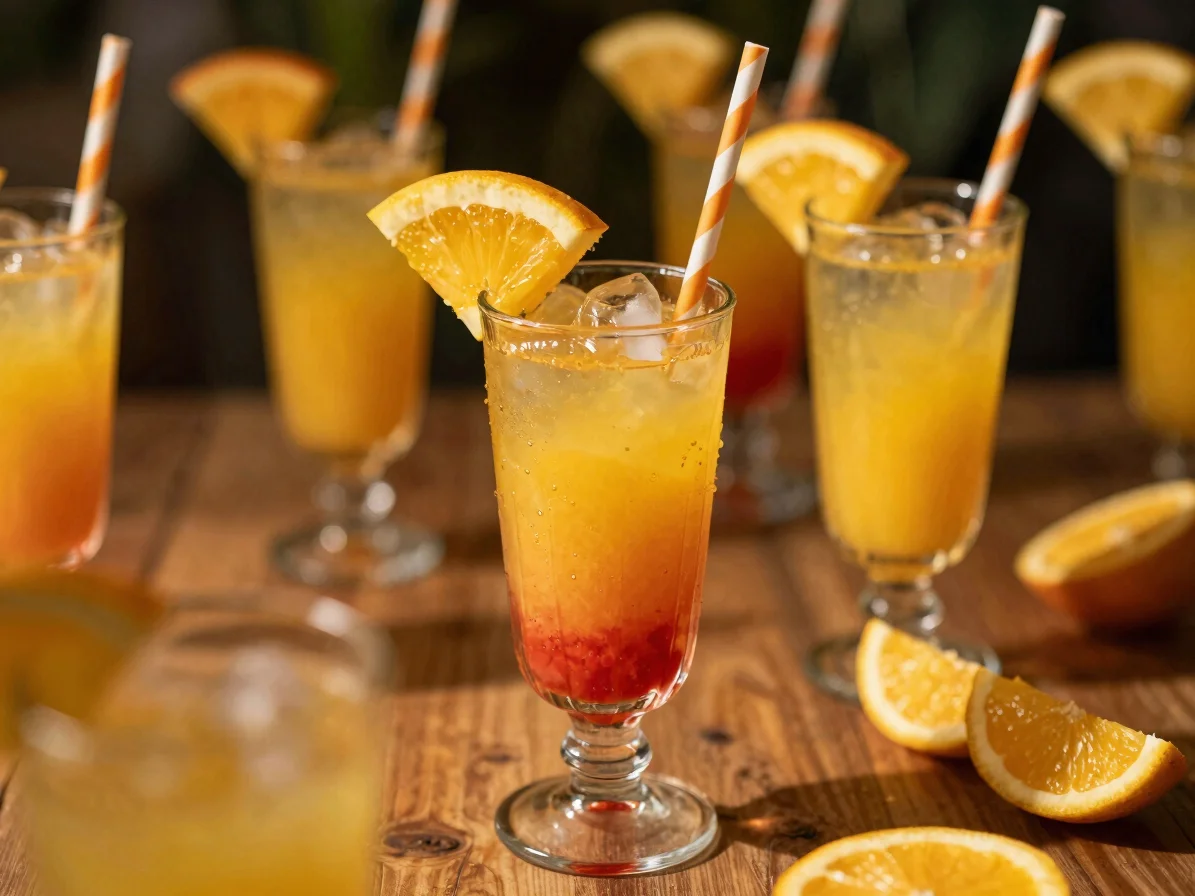 Vibrant tropical drink with fresh fruit garnishes, warm golden su